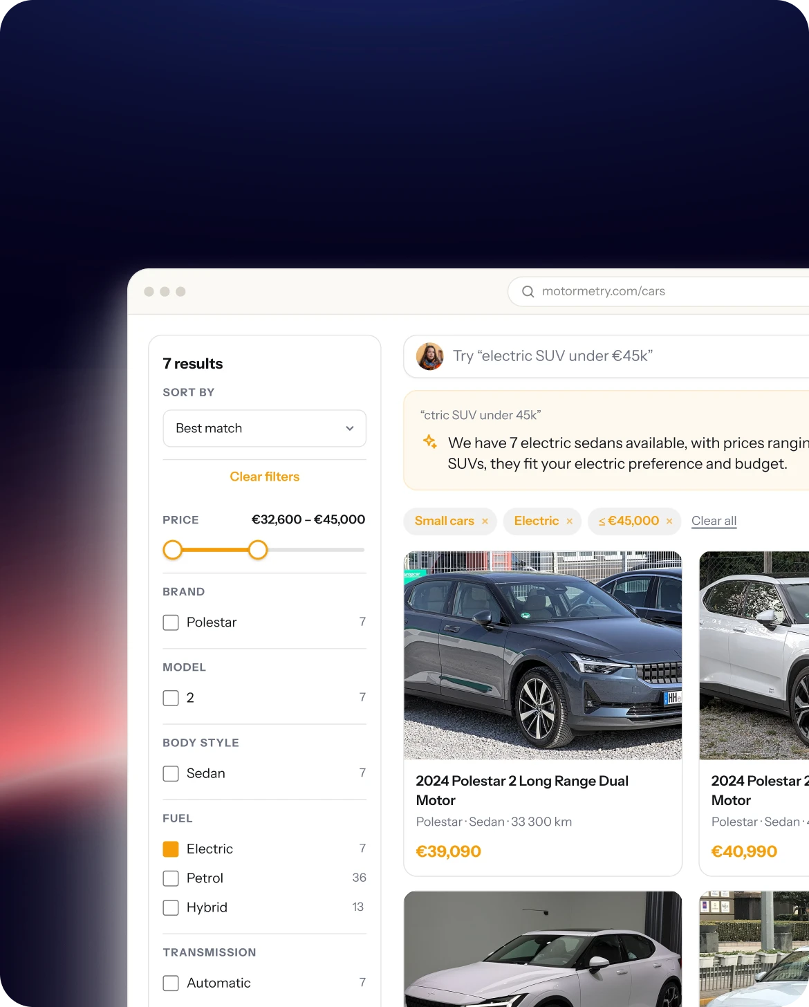 AgenticSearch on a dealership website: a buyer types “electric SUV under €45k” and sees matching cars
